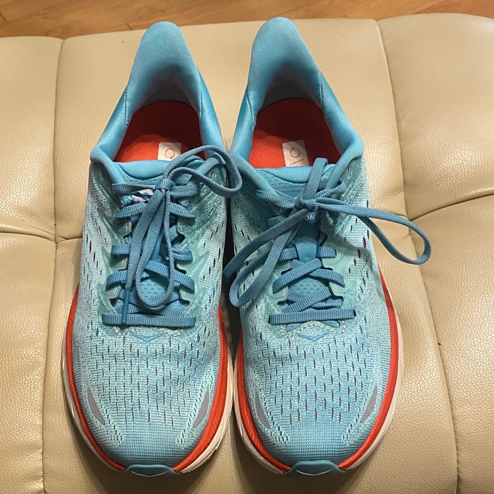 Hoka Women's Clipton 8 Aqua and Orange Running Shoes
